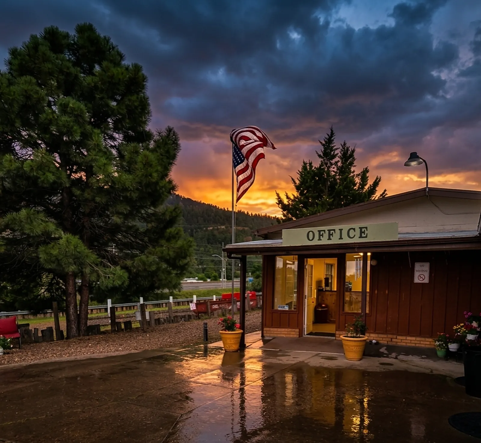 The park office at sunset with the flag flying out front