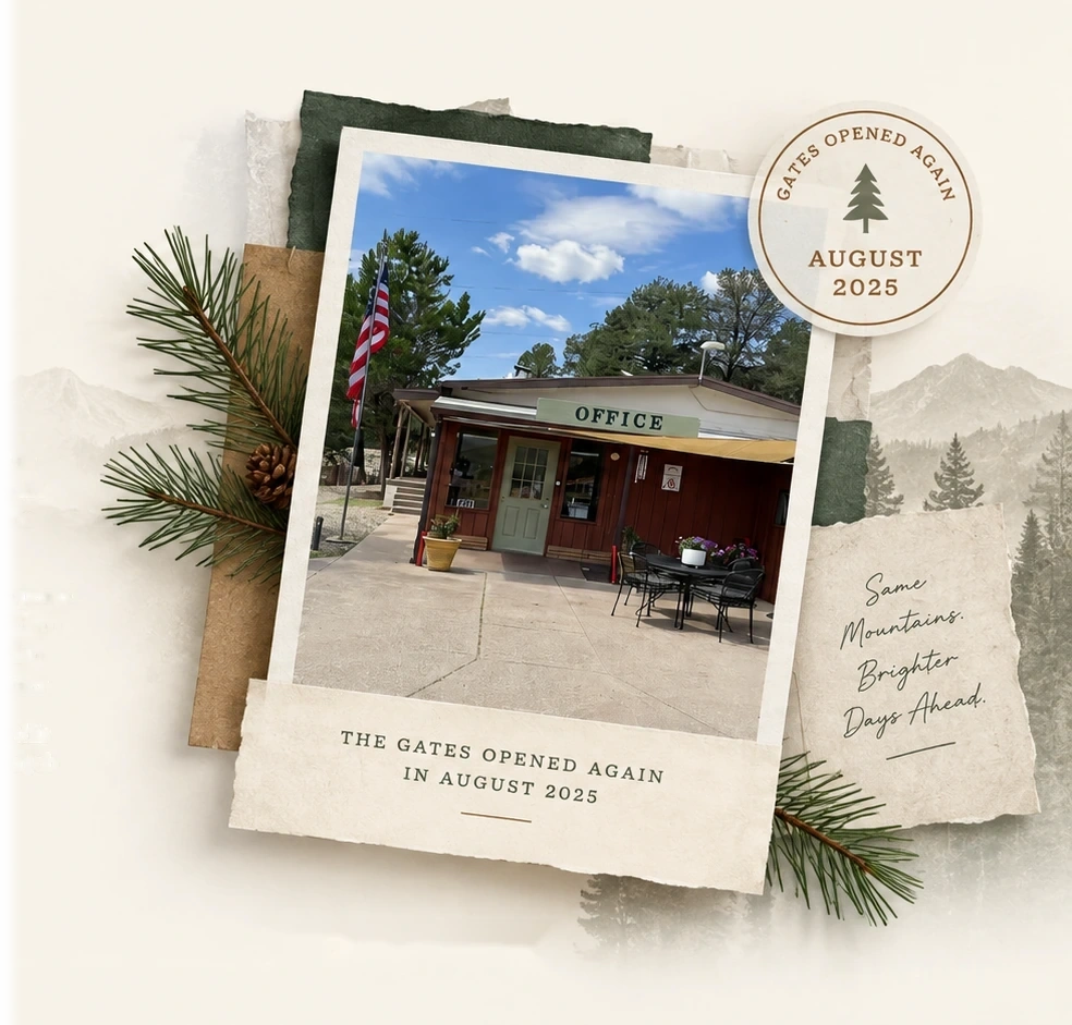 Torn paper layers holding a photograph of the park office with the American flag flying, framed by pine boughs and a pine cone, with a round stamp reading gates opened again August 2025 and a hand written note reading same mountains, brighter days ahead