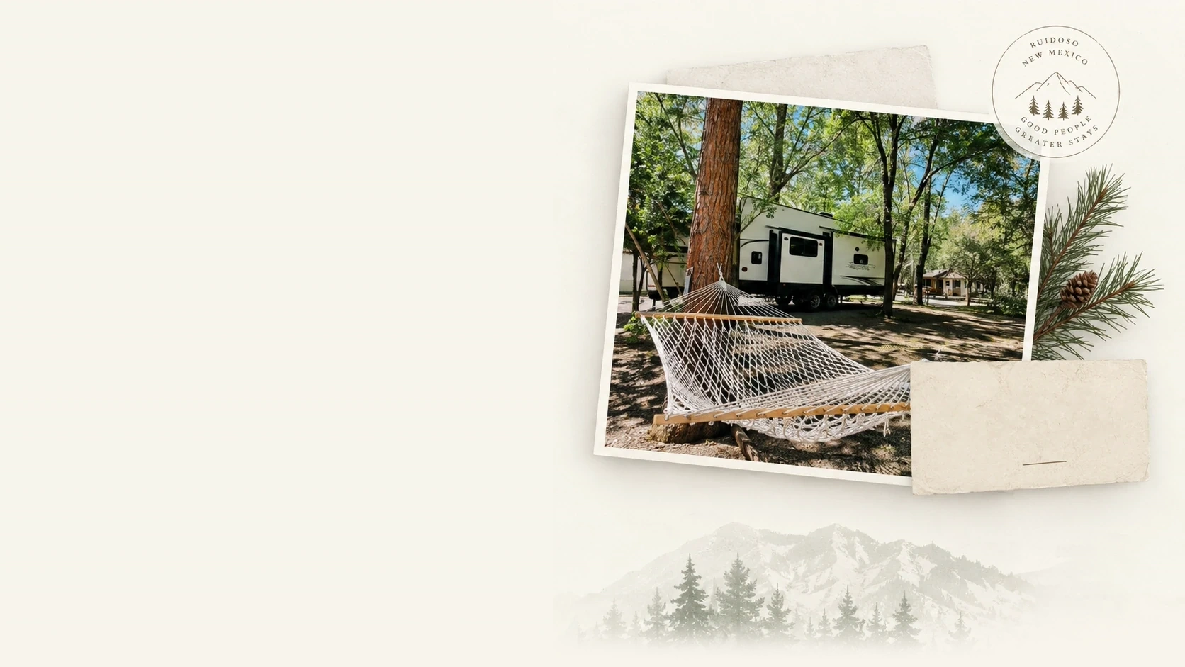 A photograph of a hammock beside a camper in the trees, pinned over paper, with a torn note card, a pine sprig and cone, a Ruidoso New Mexico seal, and a wash of mountains and pines